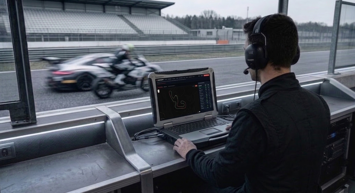 Inżynier w boksie ogląda na laptopie przejazd zawodnika na torze w MotoSpot