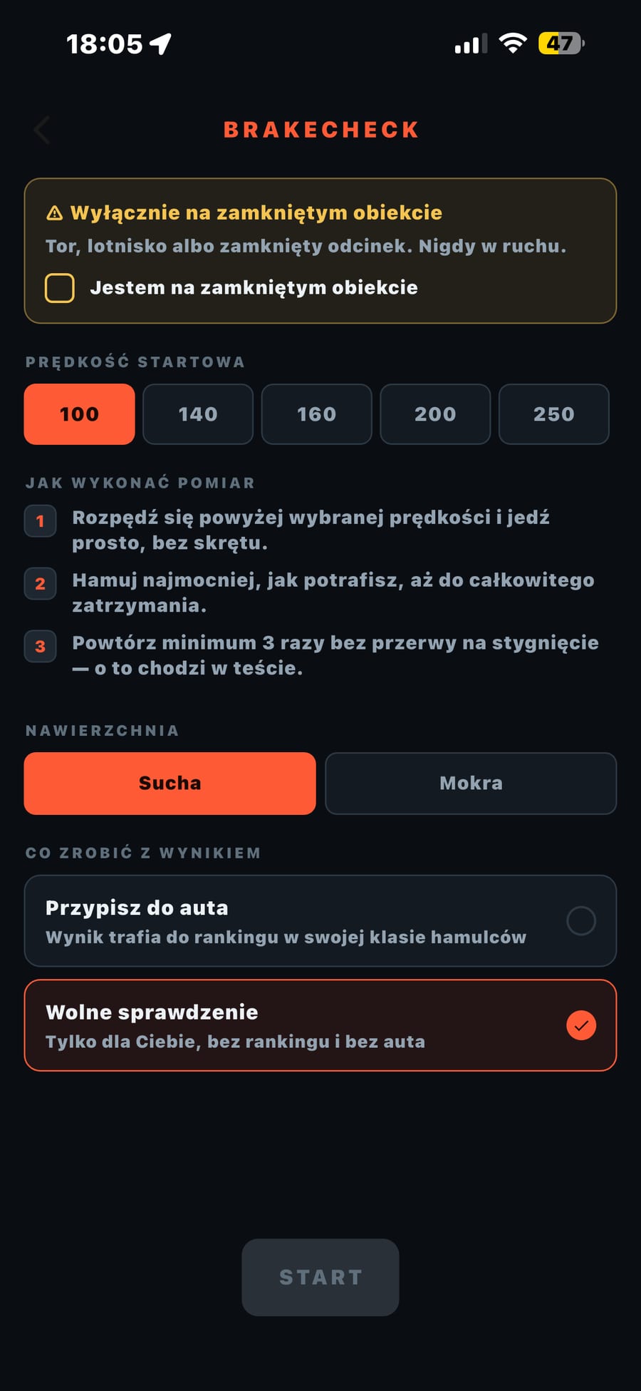 BrakeCheck - wybór prędkości startowej, nawierzchni i ostrzeżenie o zamkniętym obiekcie