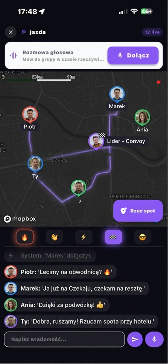 Night cruising - mapa i uczestnicy przejazdu na zywo