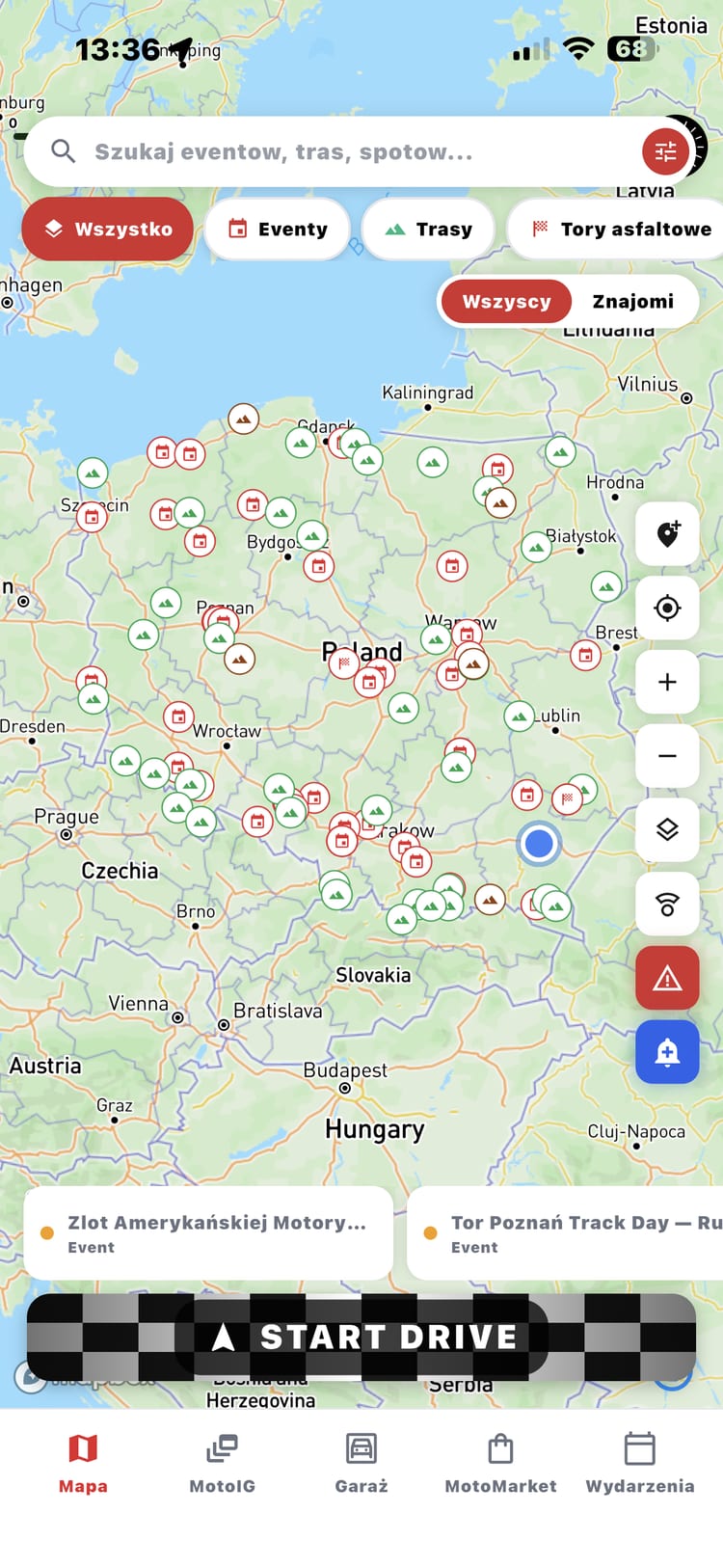 Mapa MotoSpot - eventy, trasy i tory w okolicy