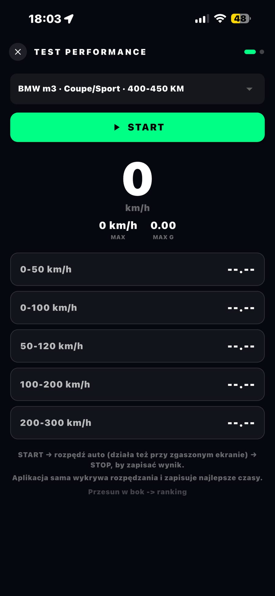 Test Performance - lista międzyczasów 0-50, 0-100, 100-200 i MAX G